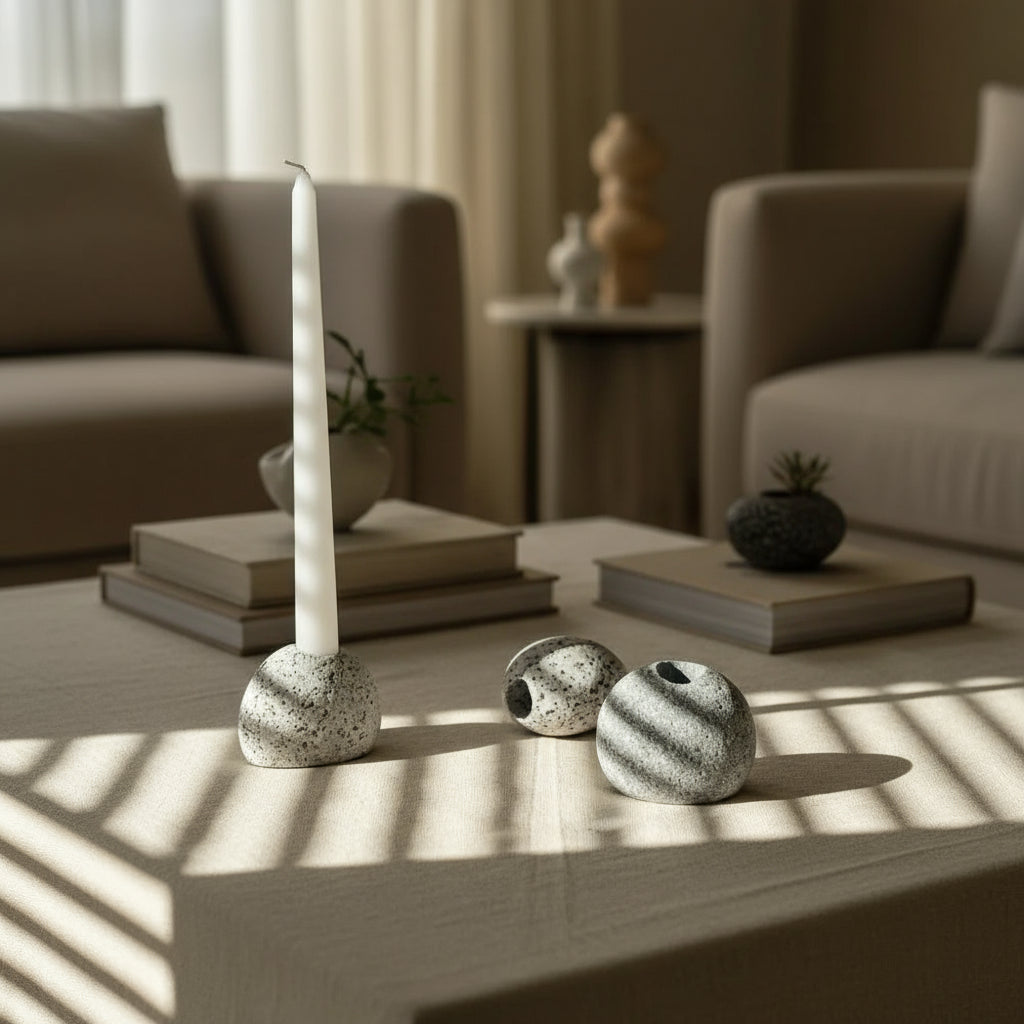 Handmade eco-friendly ceramic candleholder with a white candle and gray speckled stone base