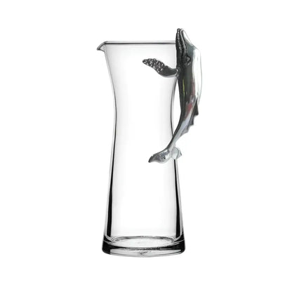 Handmade glass wine carafe with whale-shaped handle and eco-friendly silver finish
