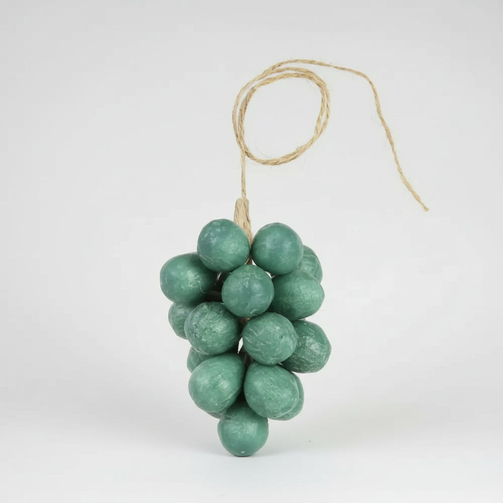 Handcrafted green grape cluster ornament in olive oil soap, twine hanger