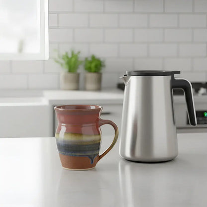 Handcrafted pottery mug with aztec sunrise vibes in browns, blue and green featuring a rustic ceramic glaze and sturdy handle on a kitchen counter