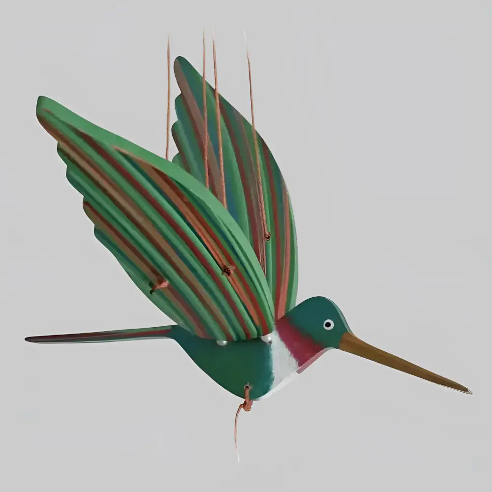 Handcrafted wooden ruby throated hummingbird wall decoration with vibrant green red white stripes eco-friendly handmade design