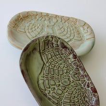 Handcrafted stoneware soap dish with reptile lace pattern in earthy green for customers bathroom