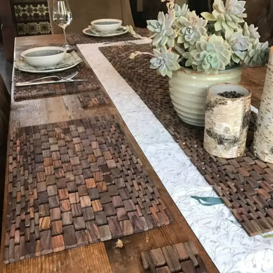Rustic Pair Rosewood Placemats Set made from recycled wood pieces on a wooden dining table