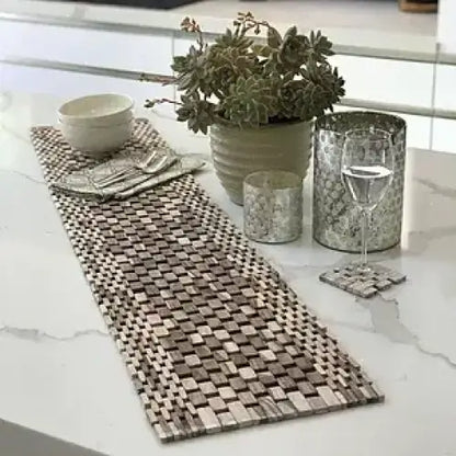 Woven rectangular rosewood table runner with checkerboard pattern for elegant rosewood table