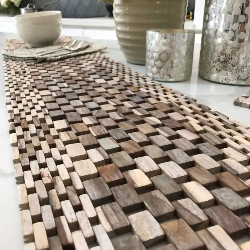 Handcrafted Rosewood Table Runner with Teak and Succulent Centerpiece on a wooden table