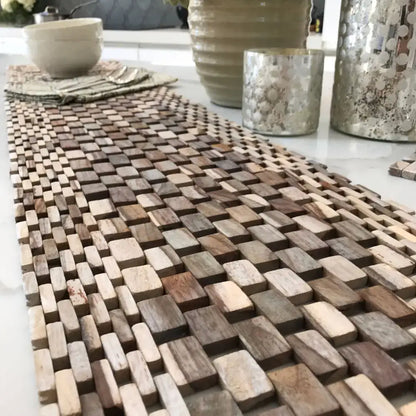 Handcrafted Rosewood Table Runner with Teak and Succulent Centerpiece on a wooden table
