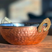 Hammered copper handi double wall serving bowl with brass handles for stylish serving