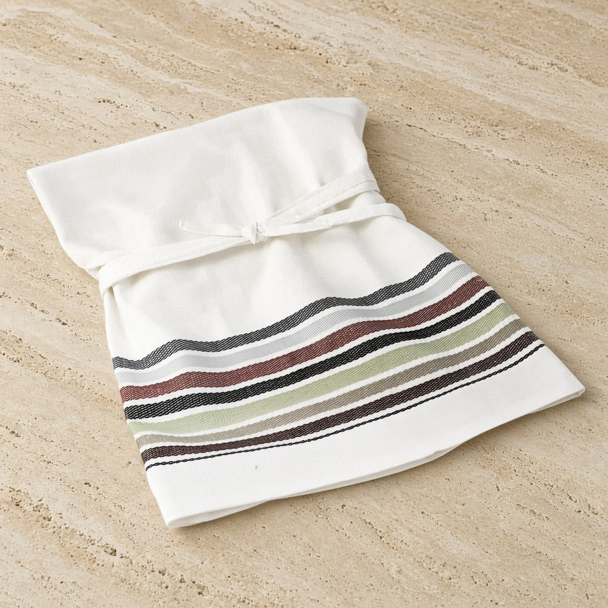 White handloomed cotton cafe-style apron with gathered waistband and striped wavy decorative design perfect with matching kitchen towels