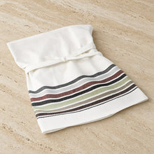 White handloomed cotton cafe-style apron with gathered waistband and striped wavy decorative design perfect with matching kitchen towels