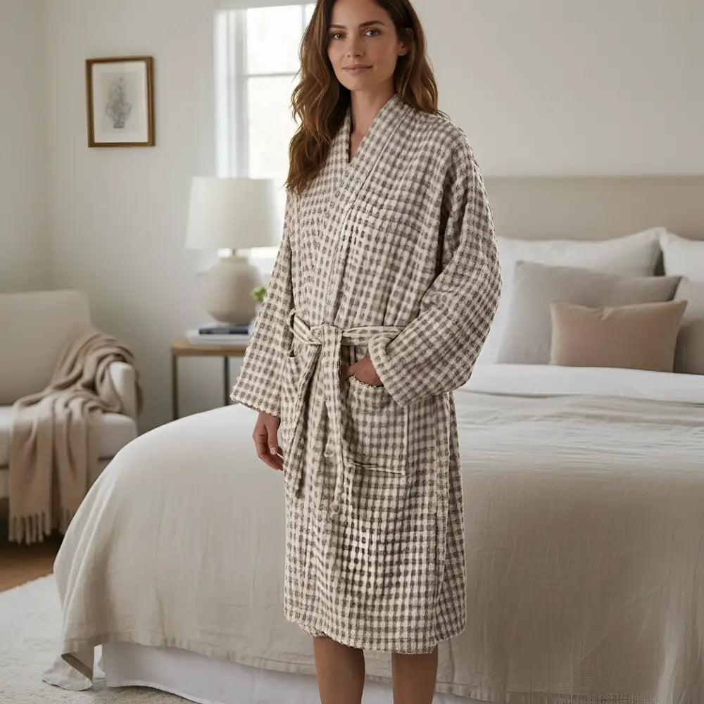 Premium Turkish cotton terry bathrobe in taupe checkered design