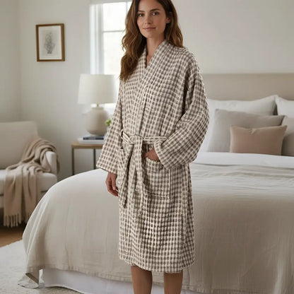 Premium Turkish cotton terry bathrobe in taupe checkered design