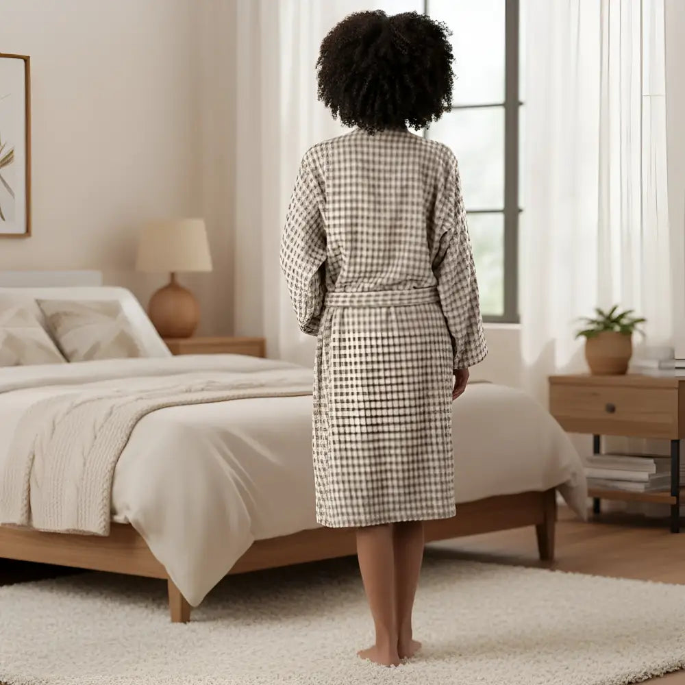 Cozy taupe handloomed dotted premium Turkish cotton terry bathrobe