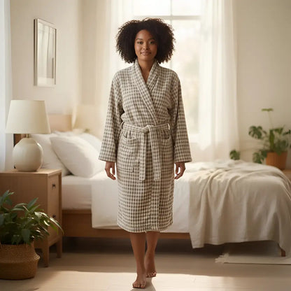 Cozy taupe premium Turkish cotton terry bathrobe with plush checkered texture