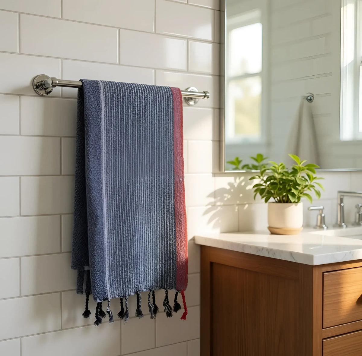 A handmade handloomed turkish cotton bath towel with indigo tribeca stripes and black tassels by skilled artisans