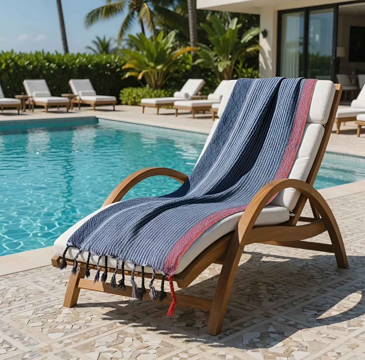 Handloomed turkish cotton bath towel with indigo blue white and red stripes draped on wooden lounge chair by skilled artisans
