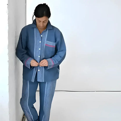 Blue striped pajama set with white and purple accents made from indigo tribeca handmade cotton by skilled artisans