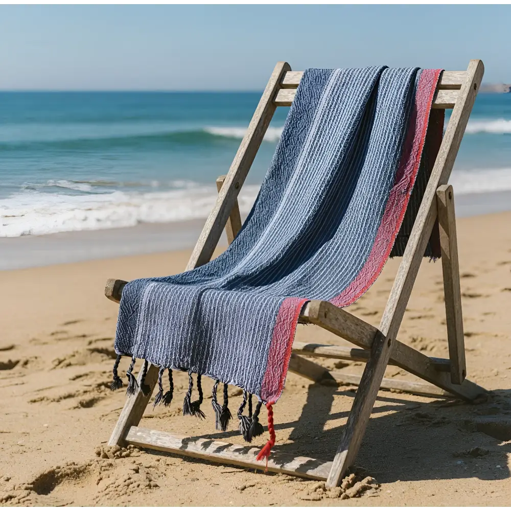 Handloomed turkish cotton bath towel with indigo tribeca handmade blue white and red stripes draped over wooden chair