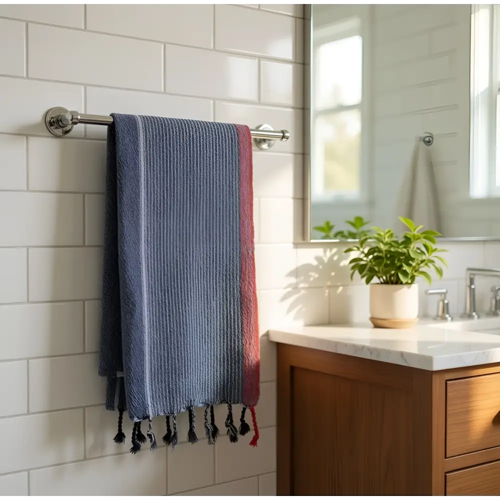 A handmade handloomed turkish cotton bath towel with indigo tribeca stripes and black tassels by skilled artisans