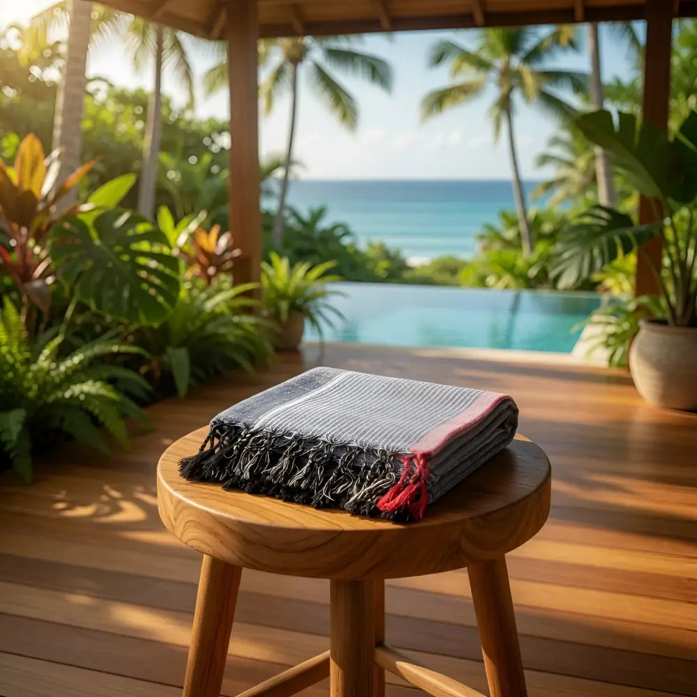 A folded handmade indigo tribeca handloomed turkish cotton bath towel with beautiful gray red stripes sits on a wooden stool
