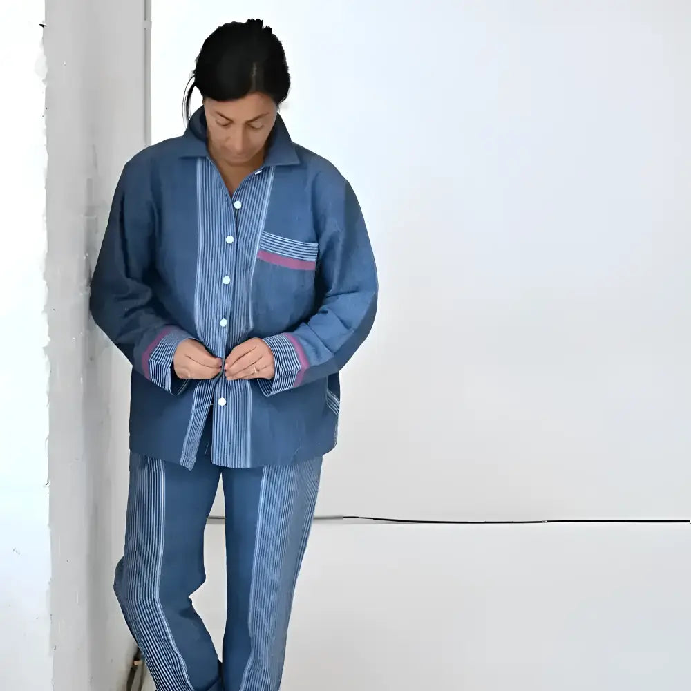 Blue striped flannel pajama set with purple accents