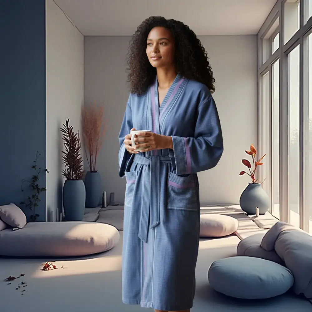 Handloomed Turkish cotton bathrobe in indigo blue, white and red stripes