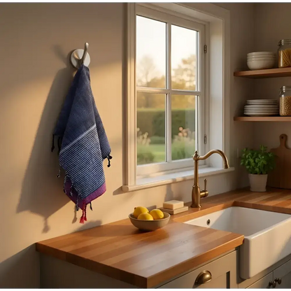 A handmade turkish cotton hand towel with indigo tribeca stripes and fringed edges hanging from a wall hook