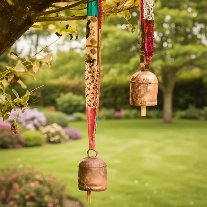 Two rustic copper bells decorated with colorful upcycled sari fabric ribbons hanging from tree branches