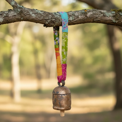 A rustic copper bell hangs from a colorful upcycled sari fabric strap perfect as a sari ribbon bell decor
