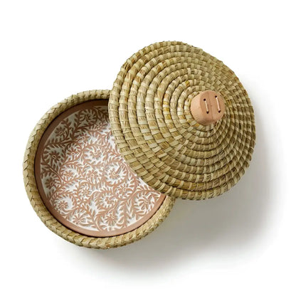 Handmade woven Seagrass bread basket with floral lid and warming stone for fresh bread