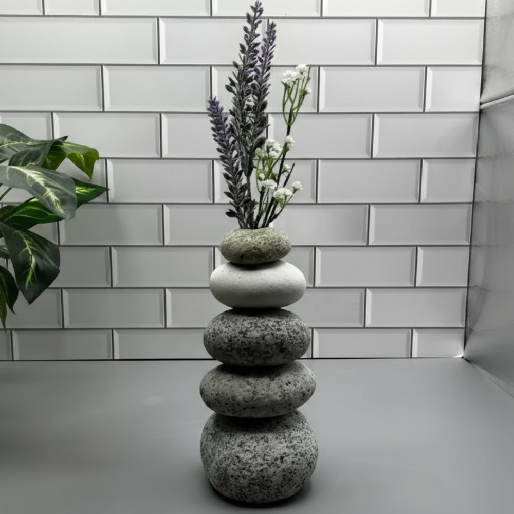 Handmade cairn vase with lavender, gray speckled stones for eco-friendly Zen decor