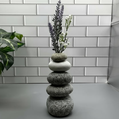 Handmade cairn vase with lavender, gray speckled stones for eco-friendly Zen decor