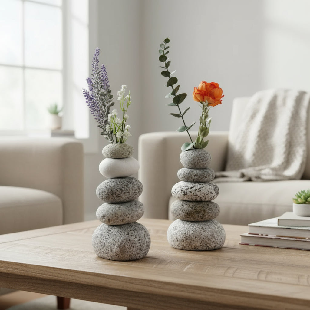 Handmade eco-friendly cairn vase with lavender, orange flowers, and stacked gray stones