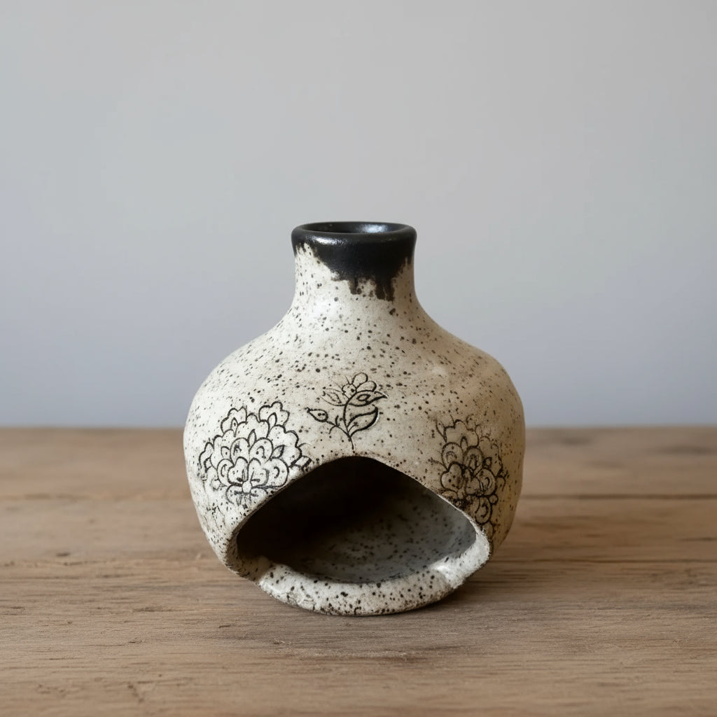 Handmade ceramic birdhouse incense burner with black floral design and eco-friendly vibe