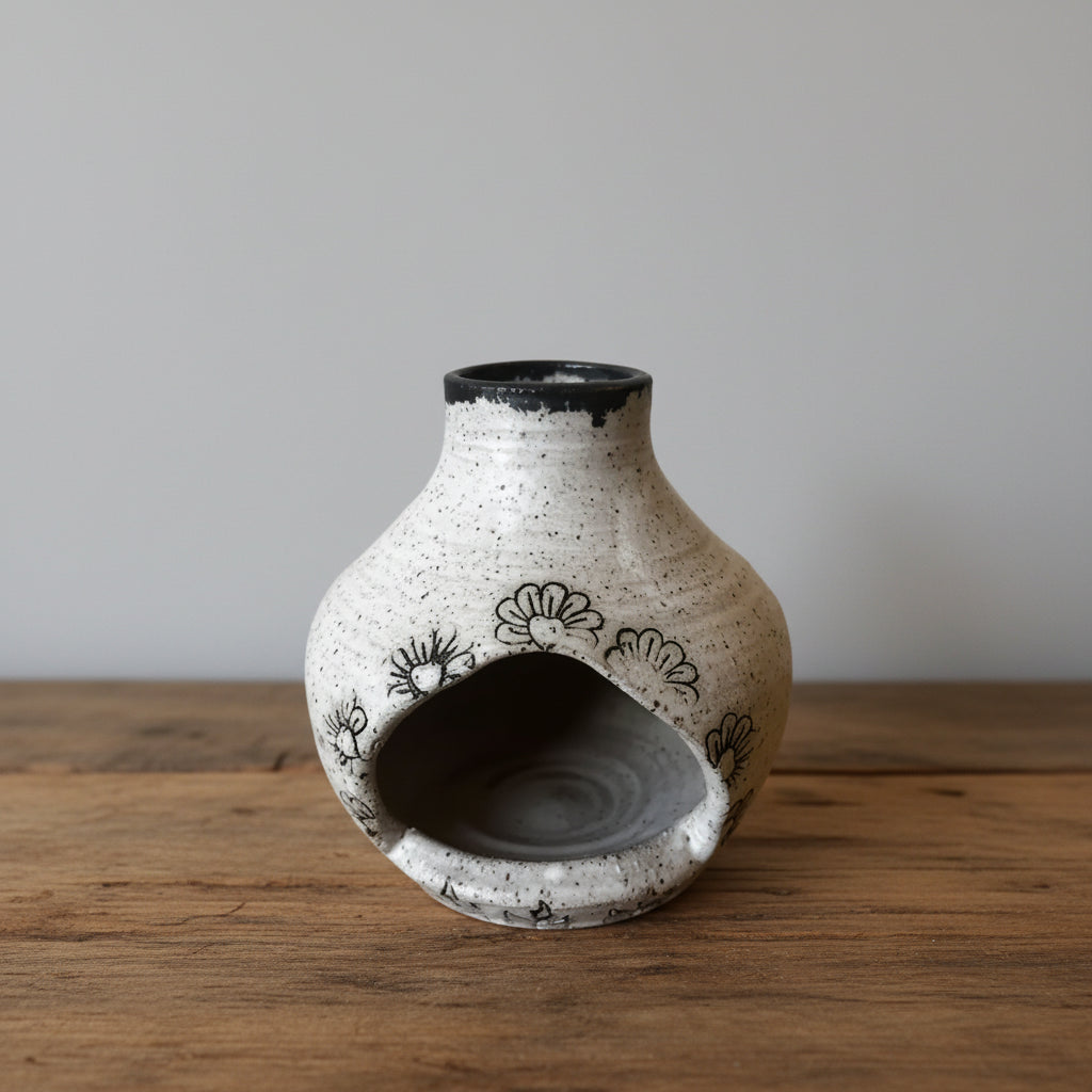 Handmade eco-friendly ceramic birdhouse with black floral design and black rim