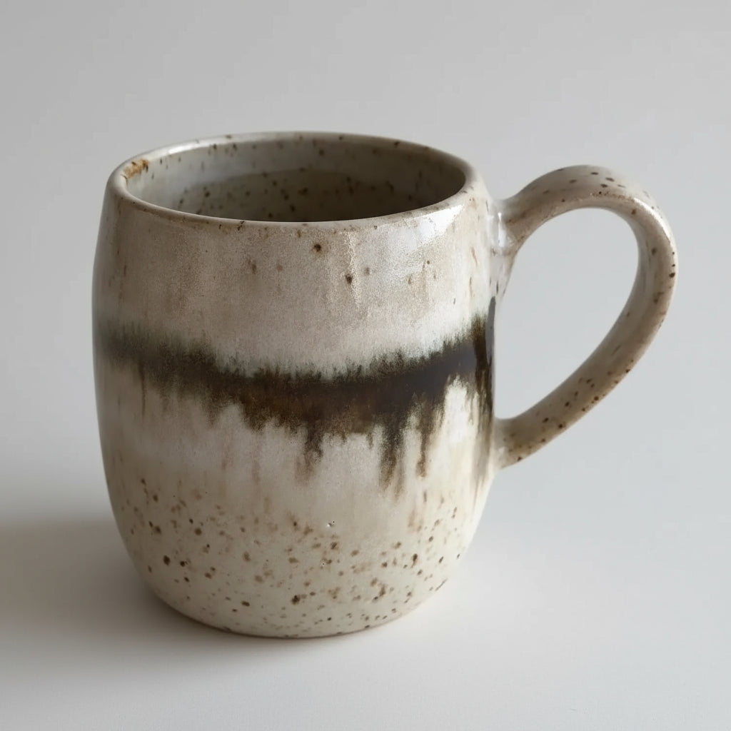 Handmade ceramic mug with speckled cream glaze and dark brown drip from Borealis Collection