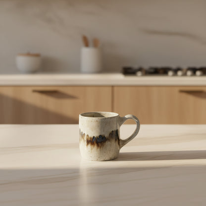 Handmade ceramic mug with unique glaze combo from Borealis Collection, eco-friendly design