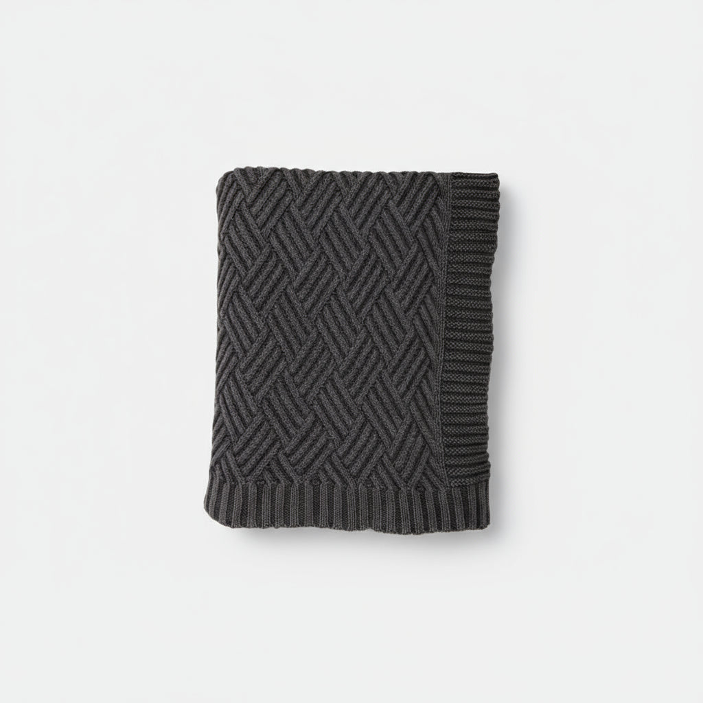 Handmade charcoal gray herringbone knit wallet with ribbed edges
