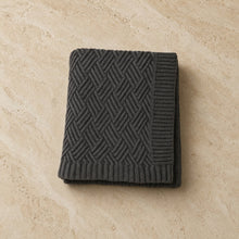 Handmade charcoal throw blanket with cotton herringbone brick weave and ribbed edges for cozy comfort
