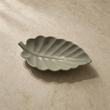 Gray handmade concrete arabica leaf dish with detailed vein patterns perfect for corralling soap