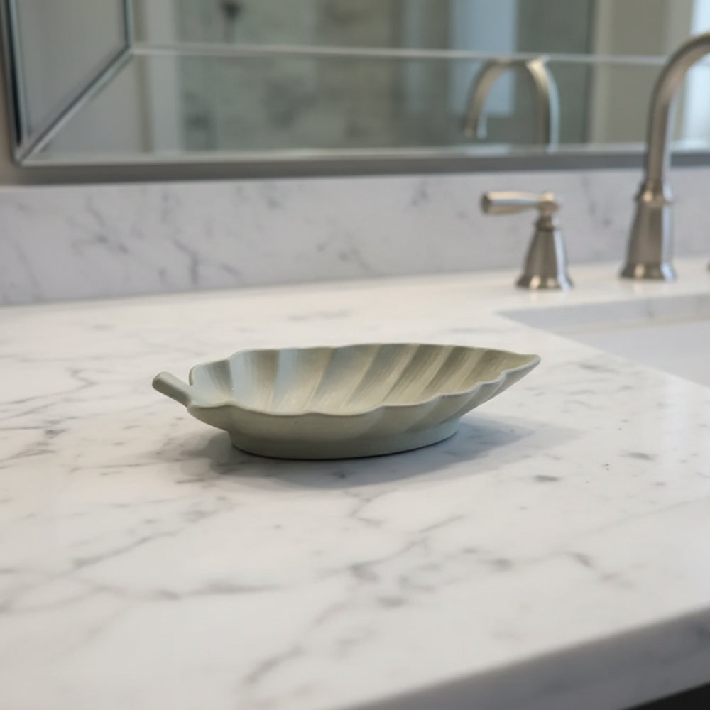 Handmade arabica leaf dish in light gray ceramic with subtle ridges