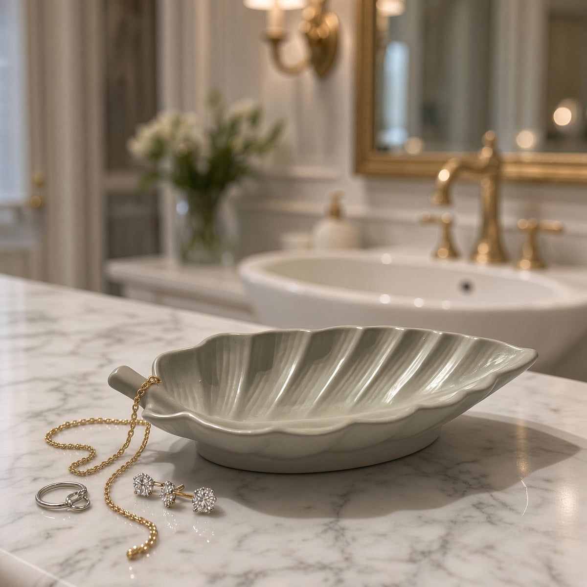 A light gray handmade concrete arabica leaf dish with ridged detailing perfect for corralling soap or small items