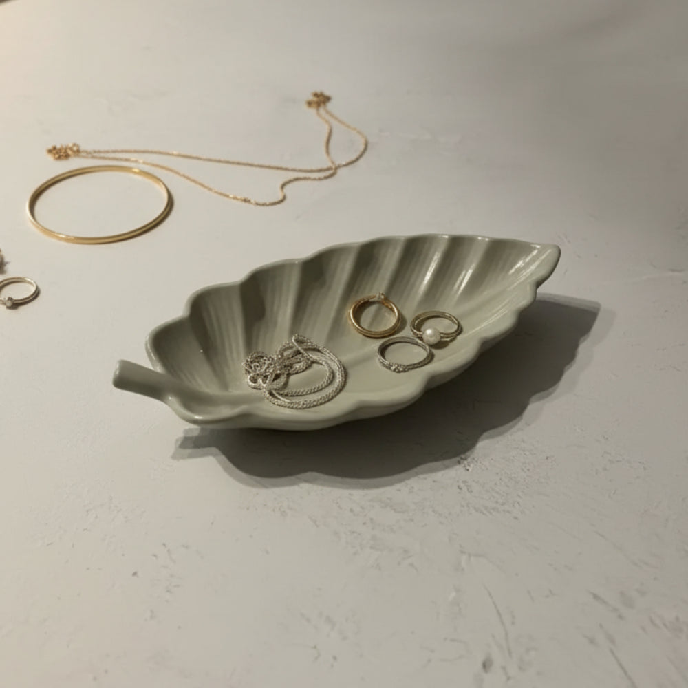 Handmade arabica leaf dish in delicate off-white ceramic