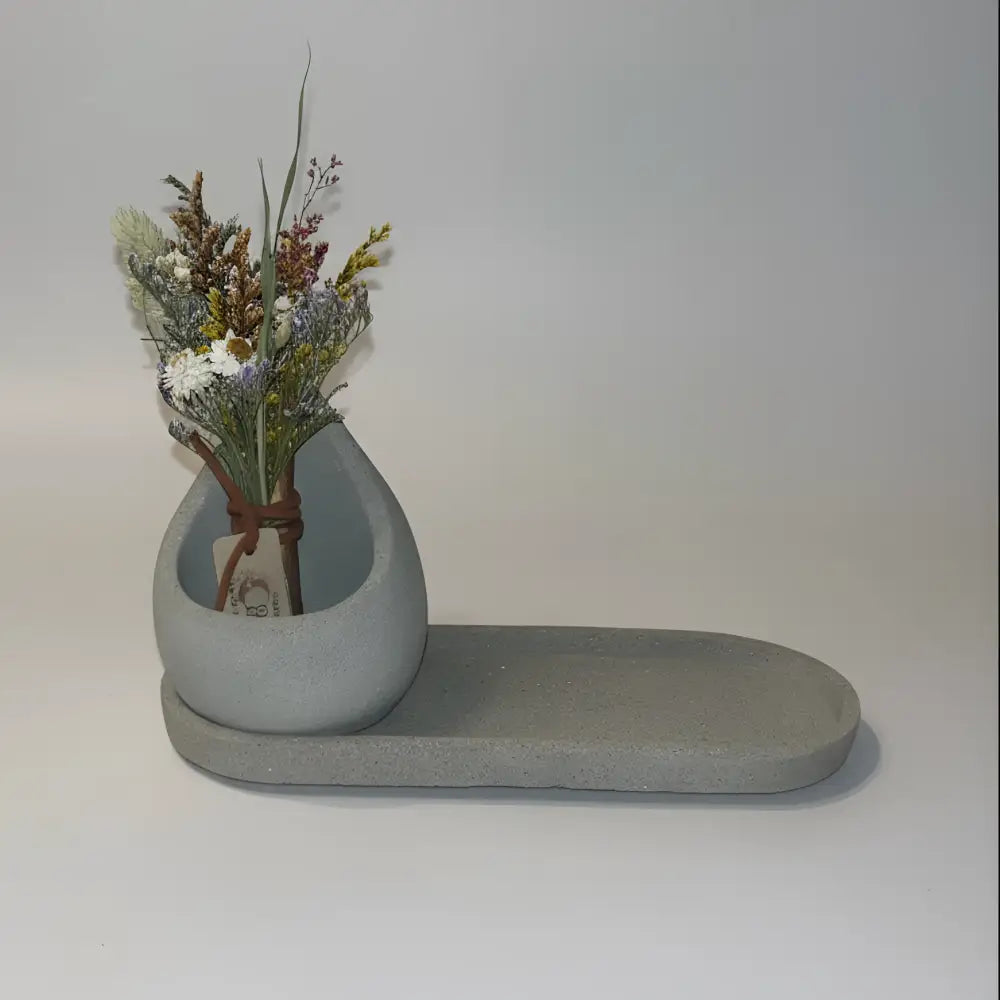Handmade gray concrete sage holder with teardrop vase, dried flowers, twine