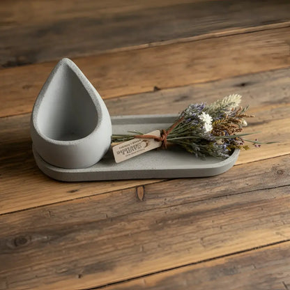 Handmade gray concrete sage holder with teardrop shaker and tray