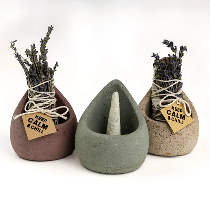 Handmade eco-friendly sage holder with rustic concrete planters, dried lavender, and keep calm & chill labels