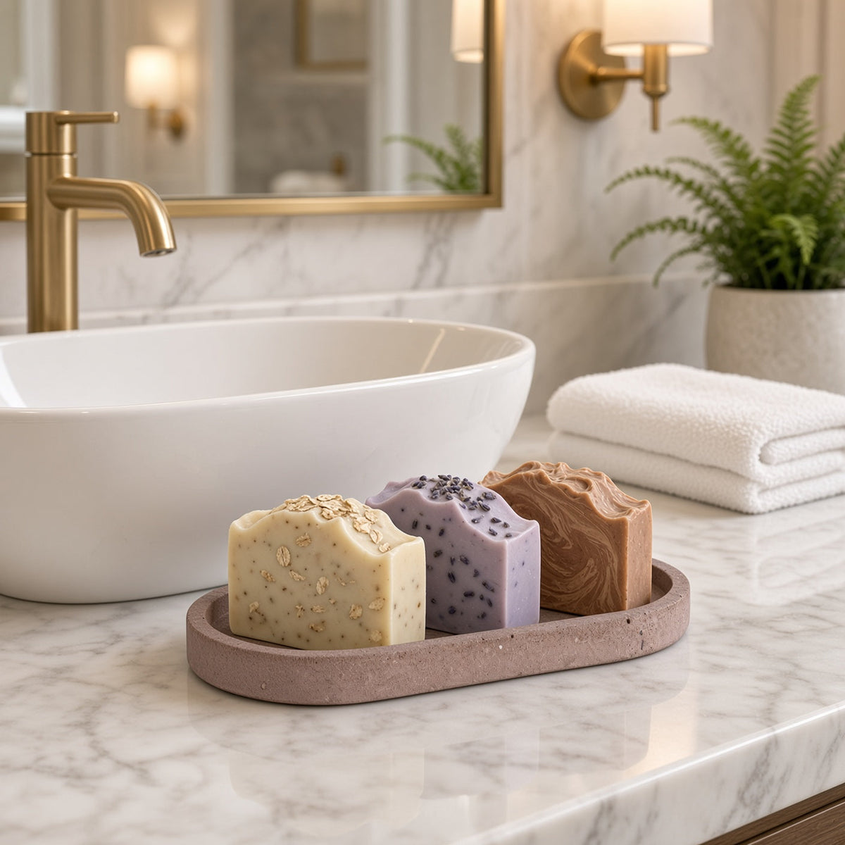 A handmade concrete small narrow tray in terracotta color holding three artisanal soaps perfect as a jewelry organizer or with coordinating sage holders