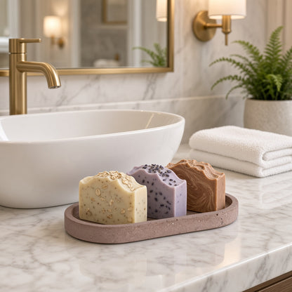 A handmade concrete small narrow tray in terracotta color holding three artisanal soaps perfect as a jewelry organizer or with coordinating sage holders