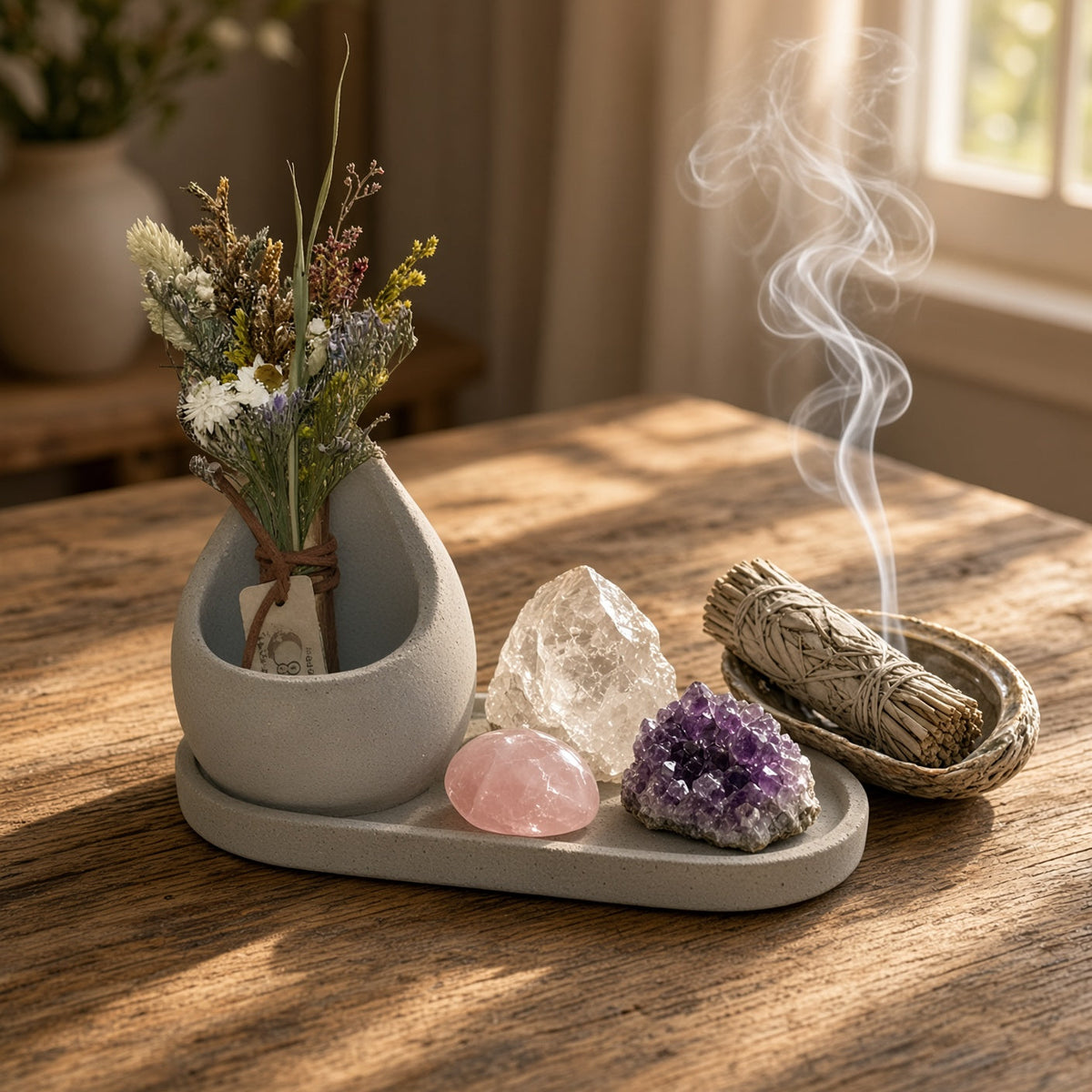 Gray handmade concrete small teardrop ceramic planter holding dried flowers tied with twine for coordinating sage holders