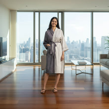 Handmade eco-friendly cotton kimono robe with pockets, perfect for travel and lounging