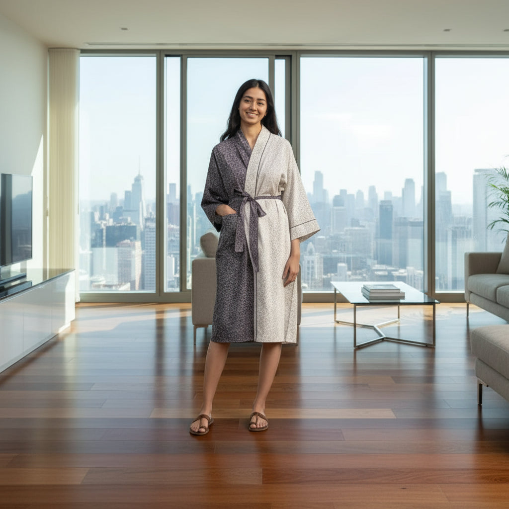Handmade eco-friendly cotton kimono robe with pockets, perfect for travel and lounging
